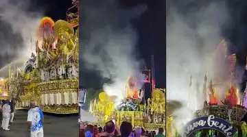 O dramático momento em que um carro alegórico pega fogo no Carnaval do Rio de Janeiro